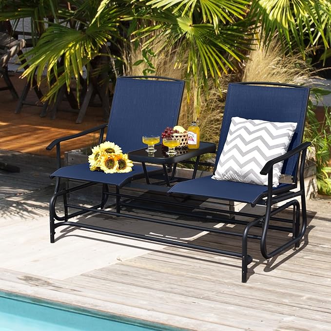 Tangkula 2 Person Swing Glider Chair, Patio Rocking Loveseat w/Center Tempered Glass Table, Outdoor Swing Bench w/Steel Frame & Breathable Mesh Fabric for Porch, Balcony, Poolside (Navy)