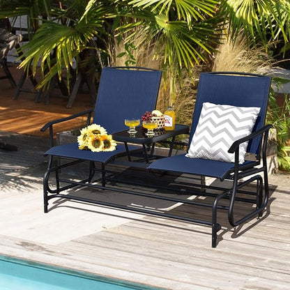 Tangkula 2 Person Swing Glider Chair, Patio Rocking Loveseat w/Center Tempered Glass Table, Outdoor Swing Bench w/Steel Frame & Breathable Mesh Fabric for Porch, Balcony, Poolside (Navy)