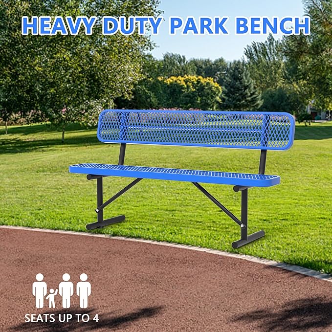 6ft Park Bench for Outside,Heavy Duty Patio Garden School Commercial Benches,Weatherproof Outdoor Bench Blue Metal Park Bench, Outdoor Steel Bench with Backrest,72.4x23.2x32.5inch