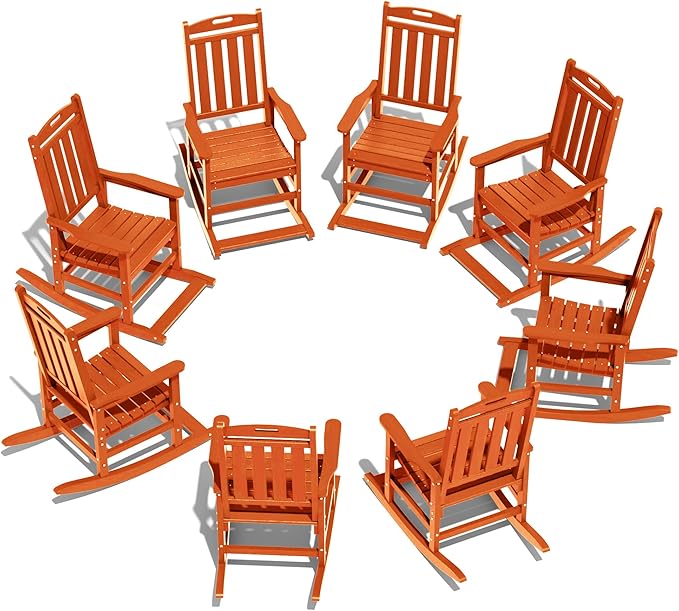 LOUNZY Outdoor Rocking Chair with Footboards Set of 8, HDPE Rocking Chair Patio Porch Rocker with 380lbs Support for Adult, Orange