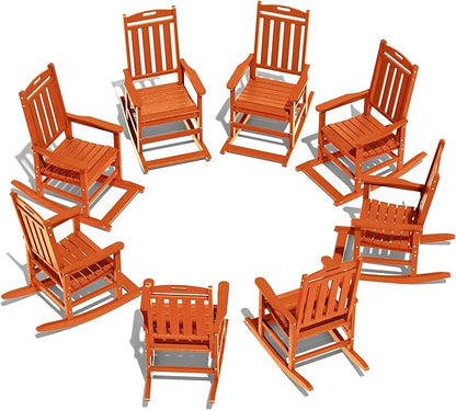 LOUNZY Outdoor Rocking Chair with Footboards Set of 8, HDPE Rocking Chair Patio Porch Rocker with 380lbs Support for Adult, Orange