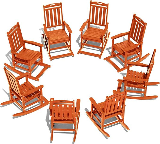 LOUNZY Outdoor Rocking Chair with Footboards Set of 8, HDPE Rocking Chair Patio Porch Rocker with 380lbs Support for Adult, Orange