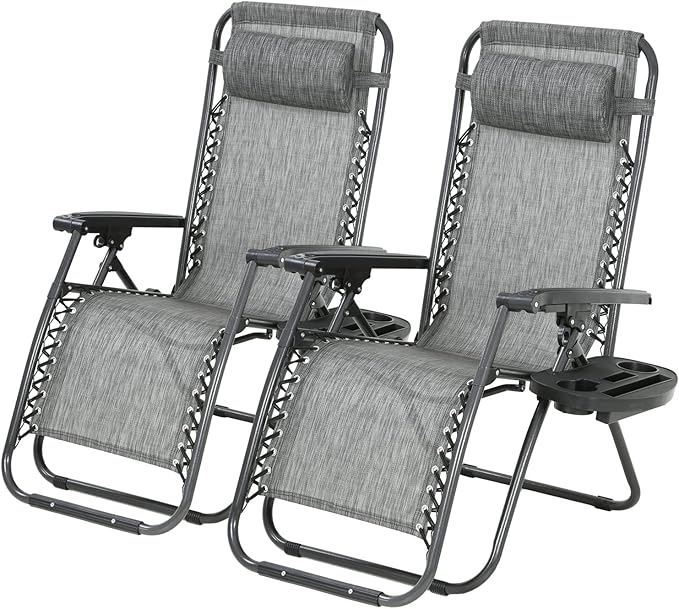 PayLessHere Set of 2 Folding Lounge Chair Adjustable Zero Gravity Chair Beach Chair Textilene Lawn Patio Chair with Removable Pillow and Cup Holder for Poolside Backyard Lawn Beach,Grey