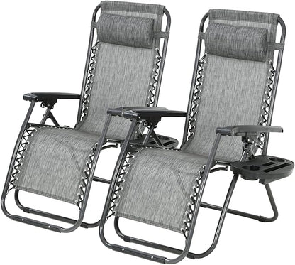 PayLessHere Set of 2 Folding Lounge Chair Adjustable Zero Gravity Chair Beach Chair Textilene Lawn Patio Chair with Removable Pillow and Cup Holder for Poolside Backyard Lawn Beach,Grey