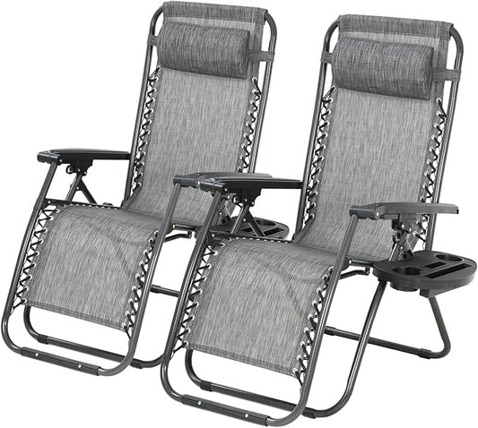 PayLessHere Set of 2 Folding Lounge Chair Adjustable Zero Gravity Chair Beach Chair Textilene Lawn Patio Chair with Removable Pillow and Cup Holder for Poolside Backyard Lawn Beach,Grey