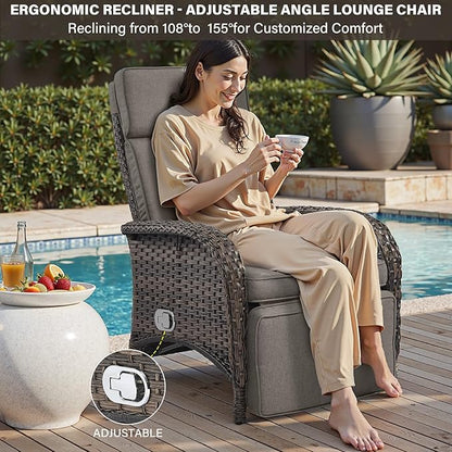 Belord Versatile Outdoor Recliner Chair Set of 3 - Reclining Patio Chair with Adjustable Backrest and Footrest, All-Weather Wicker Chaise Lounge Chair Outdoor with Side Table for Pool Deck