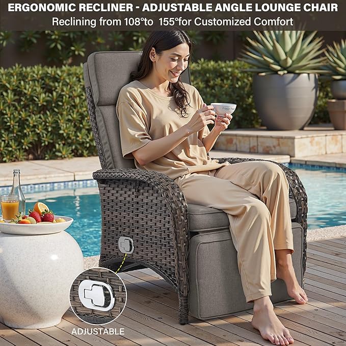 Belord Versatile Outdoor Recliner Chair - 2 Piece Reclining Patio Chair with Adjustable Backrest and Footrest, All-Weather Wicker Chaise Lounge Chair Outdoor for Pool Deck Brown