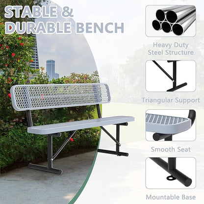 6 Ft Metal Park Bench for Outside, All-Weather Thermoplastic Coating Outdoor Bench with Backrest, Commercial Heavy Duty Benches for Shopping Malls, Stores, Parks, Patios, Decks, Grey