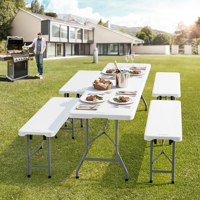 VINGLI 6 feet Plastic Folding Bench,Portable in/Outdoor Picnic Party Camping Dining Seat, Garden Soccer Multipurpose Entertaining Activities, Smooth HDPE Tabletop (2, White, 4ft)