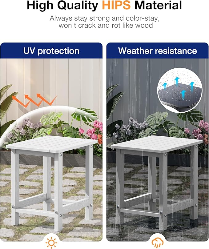 YEFU Outdoor Side Table for Patio: 16" HIPS Weather - Resistant Adirondack Tables Set of 2 - Small Square End Tables for Backyard Pool Porch Balcony - Indoor Outdoor Durable Table White