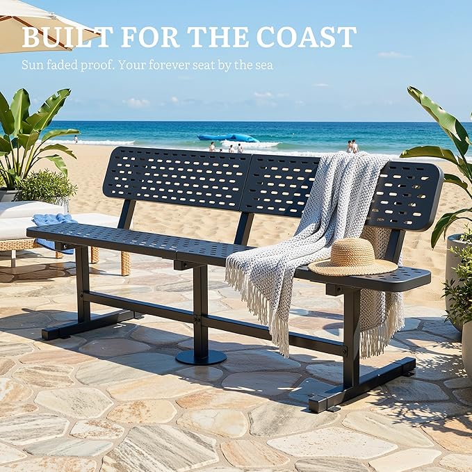 YITAHOME 6ft Outdoor Metal Park Bench with Back, Heavy Duty Park Carbon Steel Bench, Metal Garden Park Bench Thermoplastic Coated Weatherproof Seating for Patio Yard Commercial Use, 573 Lbs Cap Black