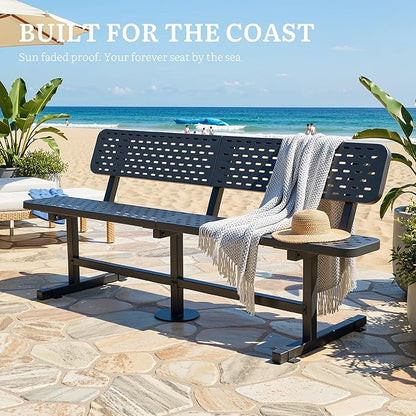 YITAHOME 6ft Outdoor Metal Park Bench with Back, Heavy Duty Park Carbon Steel Bench, Metal Garden Park Bench Thermoplastic Coated Weatherproof Seating for Patio Yard Commercial Use, 573 Lbs Cap Black