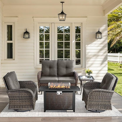 5 Pieces Patio Furniture Set with Fire Pit Table-All Weather Rattan Wicker Outdoor Glider Bench with Outdoor Swivel Chair Outdoor Furniture for Deck Porch Garden Balcony Poolside-Brown/Grey