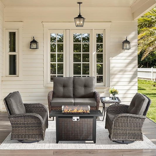 5 Pieces Patio Furniture Set with Fire Pit Table-All Weather Rattan Wicker Outdoor Glider Bench with Outdoor Swivel Chair Outdoor Furniture for Deck Porch Garden Balcony Poolside-Brown/Grey