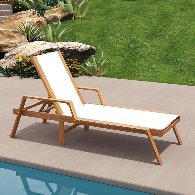 HAPPYGRILL Outdoor Wood Chaise Lounge, Patio Tanning Chaise with Adjustable 5-Position Backrest, Solid Wood Frame - Photo 2
