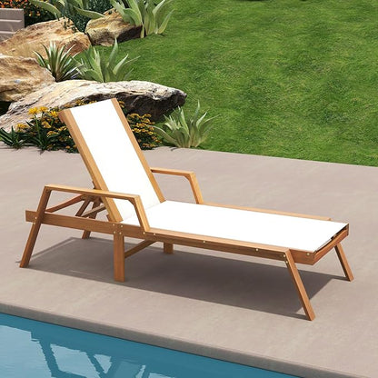 HAPPYGRILL Outdoor Wood Chaise Lounge, Patio Tanning Chaise with Adjustable 5-Position Backrest, Solid Wood Frame, Breathable Fabric, Wood Reclining Lounge Chair for Poolside, Garden, Courtyard
