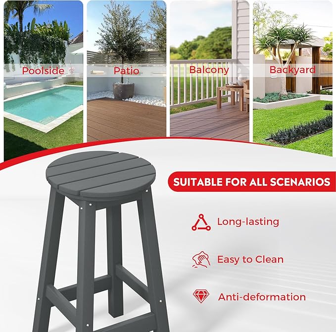 Costaelm 24" Height Outdoor Bar Stools, All-Weather Bar Stools, Adirondack Poly Patio Round Bar Stool for Patio, Deck, Kitchen Counter and Garden, Gray