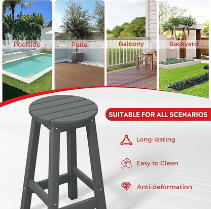 Costaelm 24" Height Outdoor Bar Stools, All-Weather Bar Stools, Adirondack Poly Patio Round Bar Stool for Patio, Deck, Kitchen Counter and Garden, Gray