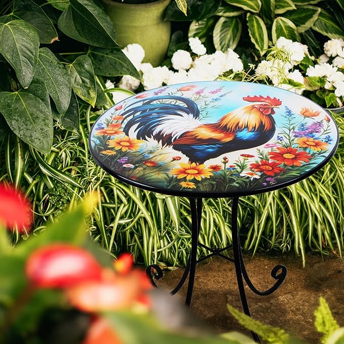 Outdoor Side Table, 18" Rooster Round Accent Table, Metal Indoor Small End Tables, Plant Stand Tables for Patio Yard Balcony Garden Bedside