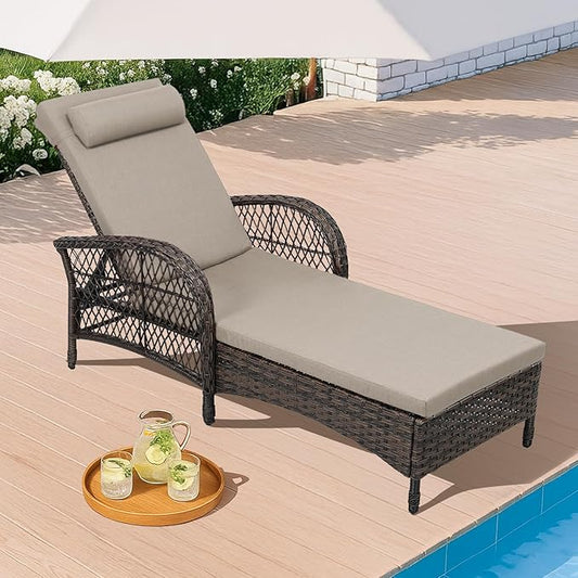 HOMEDIARY Outdoor Wicker Lounge Chair with Cushion, 6-Position Adjustable Patio Chaise Lounge, All Weather Lay Flat Pool Sunbathing Recliner Chair, Armrest and Head Pillow, Fade-Resistant, Beige