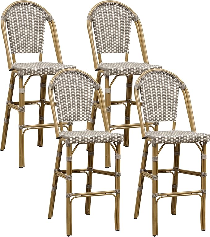 PURPLE LEAF French Bar Stool Set of 4 Bamboo Print Finish Patio Bar Stools with Back Wicker Bar Height Stool 30" with - Photo 1