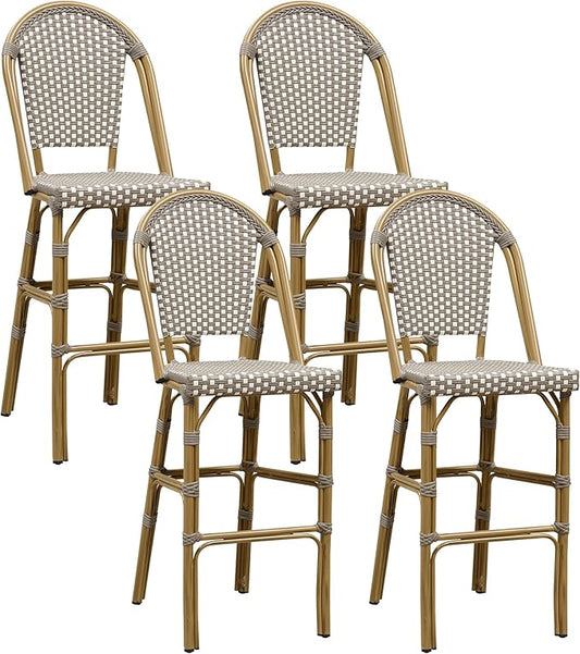 PURPLE LEAF French Bar Stool Set of 4 Bamboo Print Finish Patio Bar Stools with Back Wicker Bar Height Stool 30" with Footrest Kitchen Island Stools Outdoor Barstool Grey