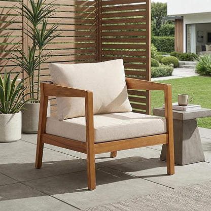 Merax 25" Acacia Solid Wood Outdoor Lounge Chair, Teak Finish Frame with Light Grey Cushion, Patio & Garden Chair, Teak+Beige