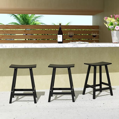 Costaelm All-Weather Bar Stools Set of 3, 24" Height Outdoor Bar Stools, Adirondack Poly Patio Bar Stool for Patio, Deck, Kitchen Counter and Garden, Black