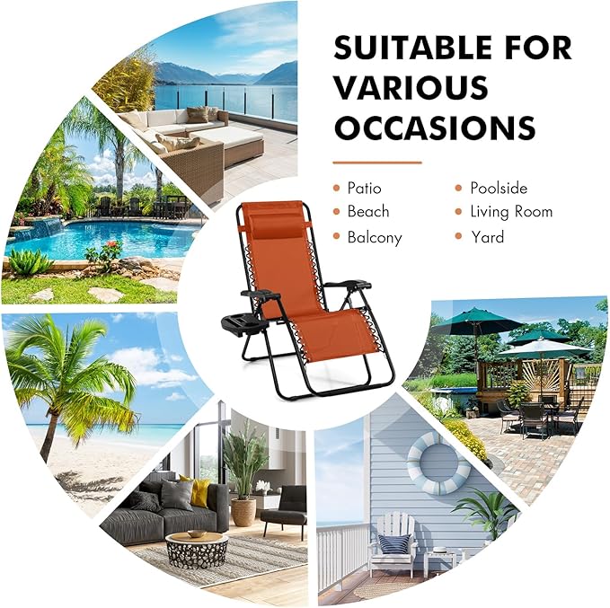 Giantex 2 PCS Zero Gravity Chair, Outdoor Chaise Lounge with Cup Holder, Patio Folding Chairs Recliner for Yard Pool Lawn Balcony, Orange