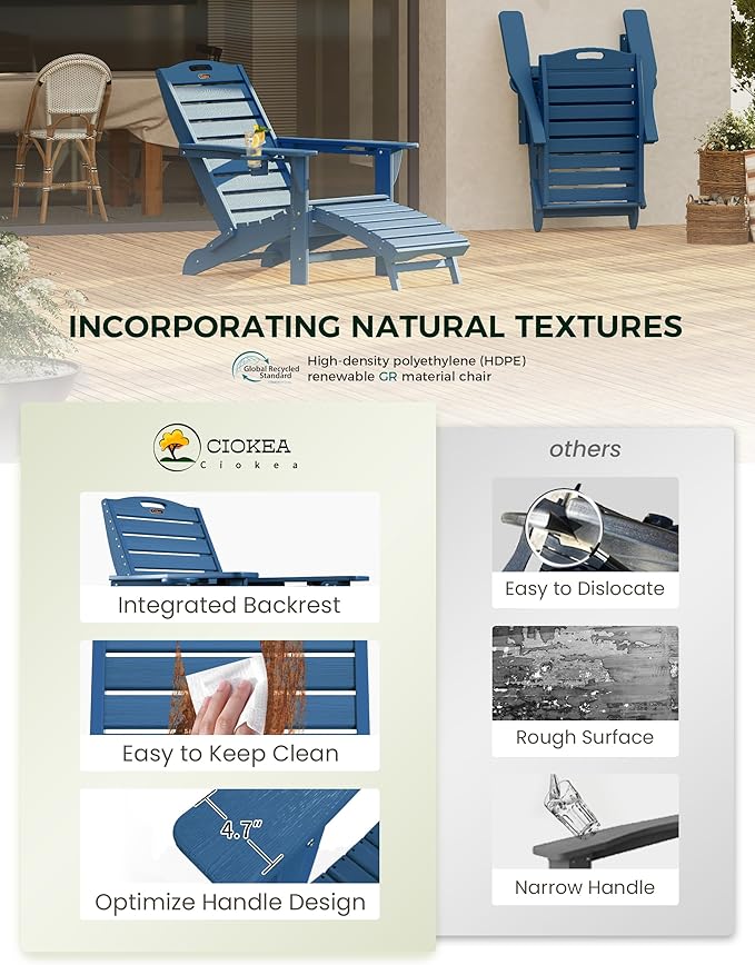 Ciokea Folding Adirondack Chair Set of 2 with Retractable Ottoman Fire Pit Patio Chair with Pull Out Foot Rest Weather - Photo 6