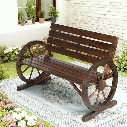 Wooden Wagon Wheel Bench, 2-Person Solid Wood Garden Bench, Rustic Wooden Seat Wagon Wheel Bench Patio Loveseat W/Slatted Backrest, Outdoor Garden Bench for Lawn Yard Porch Park