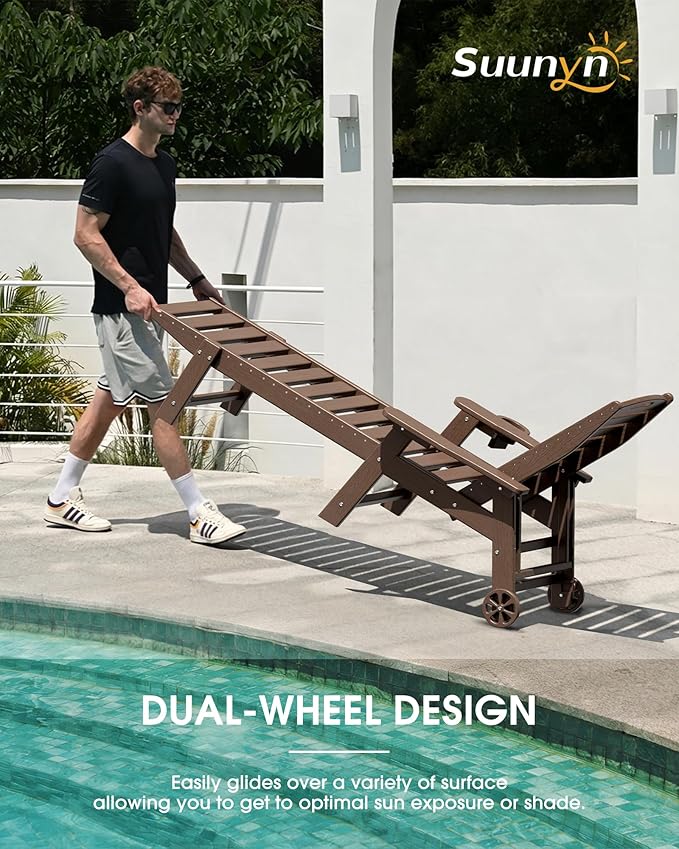 Chaise Lounge Outdoor, Lounge Chair Outdoor with Wood Texture, Adjustable 5-Position Backrest, HDPE Lounge Chair with Wheels & Cup Holder for Pool Deck Backyard, Brown