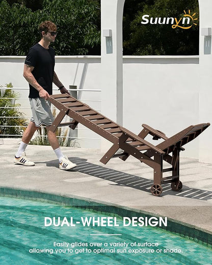 Chaise Lounge Outdoor, Lounge Chair Outdoor with Wood Texture, Adjustable 5-Position Backrest, HDPE Lounge Chair with Wheels & Cup Holder for Pool Deck Backyard, Brown
