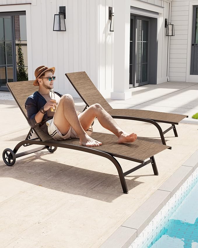 Crestlive Products Outdoor Chaise Lounge Chairs with Wheels Set of 2, Pool Lounge Chairs with 5 Adjustable Position for Patio, Poolside, Yard, Brown