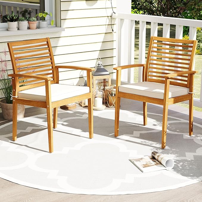 Tangkula Acacia Wood Patio Dining Chairs Set of 4, Outdoor Armchairs with Removable Padded Cushion, Slatted Backrest, 400 LBS Weight Capacity, Outside Dining Furniture for Deck, Garden, Poolside, Yard