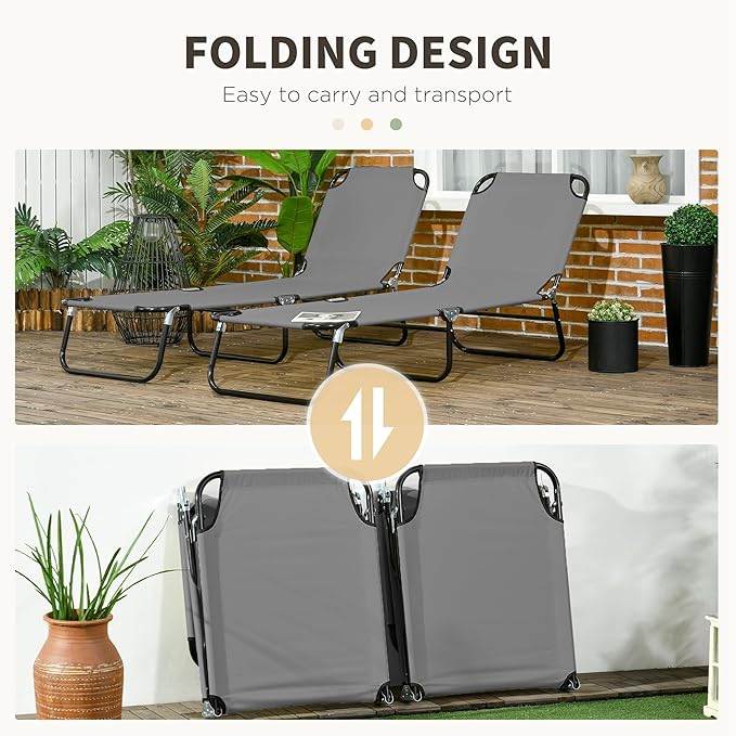 Outsunny 2 Piece Folding Chaise Lounge Pool Chairs, Outdoor Sun Tanning Chairs with 5-Level Reclining Back - Photo 5