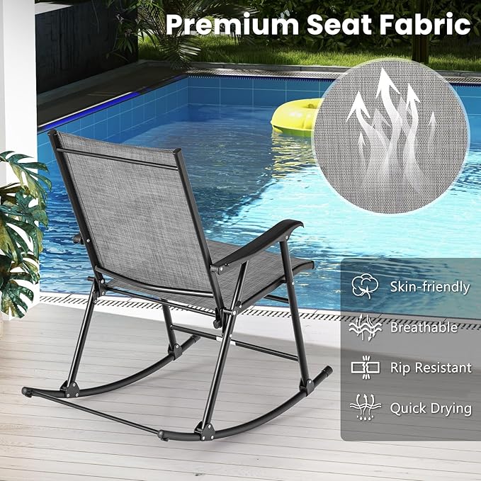 Tangkula Folding Rocking Chairs Set of 4, Patio Rockers with Breathable Seat Fabric & Sturdy Metal Frame, Smooth Rocking Motion, Heavy-Duty Outdoor Rocker for Backyard, Front Porch, Poolside