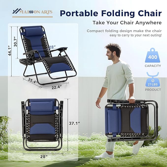 MAISON ARTS Oversized Zero Gravity Chairs Set of 2, Folding Padded Recliner Anti Gravity Lounge Chair with 28" Wide Seat and Cup Holder, Support 400lbs, Blue & Black