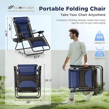 MAISON ARTS Oversized Zero Gravity Chairs Set of 2, Folding Padded Recliner Anti Gravity Lounge Chair with 28" Wide Seat and Cup Holder, Support 400lbs, Blue & Black