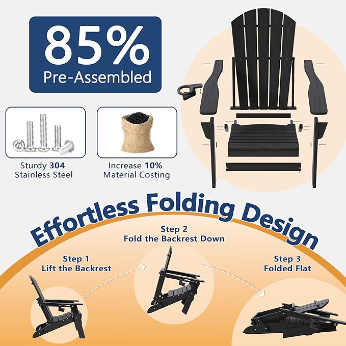 Folding Adirondack Chairs and Table 3-Piece Set, HDPE All Weather Resistant Plastic Outdoor Patio Chairs - Photo 8