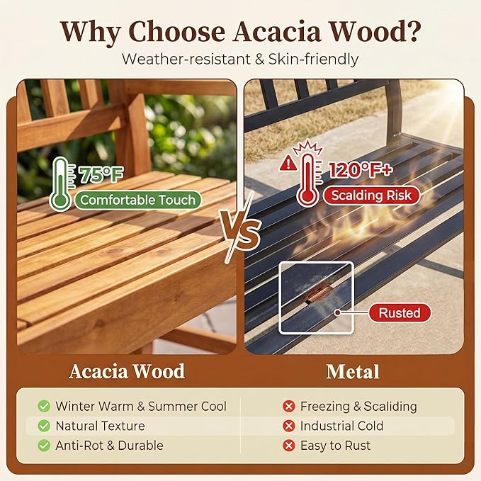 Flamaker Outdoor Bench with Pull-Up Center Table, Acacia Wood Bench Folding Loveseat for 2 Person, Weather-Resistant Patio Seating for Garden, Backyard, Porch, Poolside, Log Brown