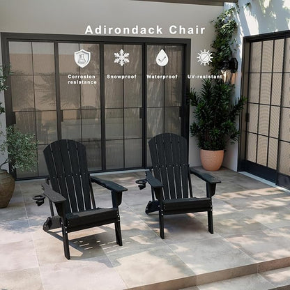 Folding Adirondack Chair Set of 4，Wooden Textured Fire Pit Chair with Cup Holder, Heavy All-Weather HDPE Plastic Outdoor Patio Chairs for Poolside Backyard Patio Outdoor Garden