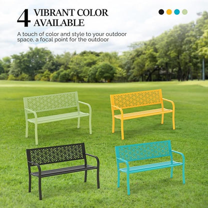 50" Outdoor Bench Metal with Floral Back, Garden Bench Front Porch Bench for Yard Patio Entryway Park Outside, 800lb Capacity - Black