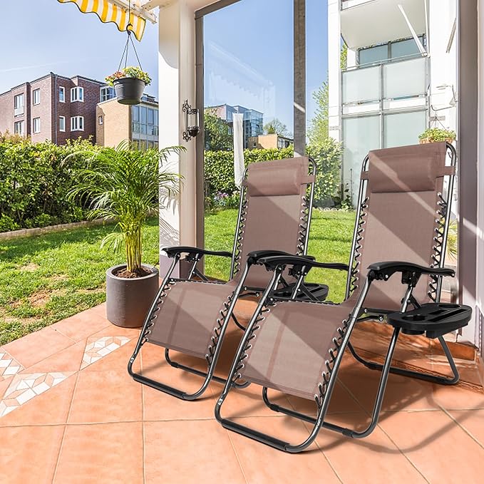 Bonnlo Zero Gravity Chairs Set of 2 Patio Folding Lounge Chairs Outdoor Recliners with Pillow and Cup Holder Adjustable Reclining Lawn Chair for Deck,Patio,Beach,Yard(Brown)