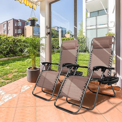Bonnlo Zero Gravity Chairs Set of 2 Patio Folding Lounge Chairs Outdoor Recliners with Pillow and Cup Holder Adjustable Reclining Lawn Chair for Deck,Patio,Beach,Yard(Brown)
