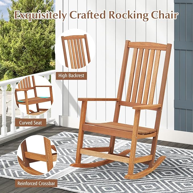 Tangkula Outdoor Wood Rocking Chair Set of 2, Ergonomic High-Back Patio Rocker with Smooth Rocking Base, Slatted Design, Perfect for Patio, Poolside, Backyard