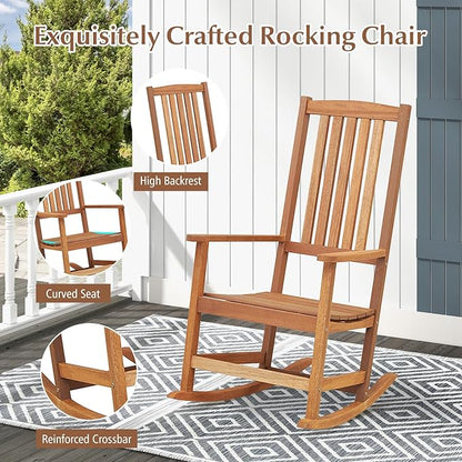 Tangkula Outdoor Wood Rocking Chair Set of 2, Ergonomic High-Back Patio Rocker with Smooth Rocking Base, Slatted Design, Perfect for Patio, Poolside, Backyard
