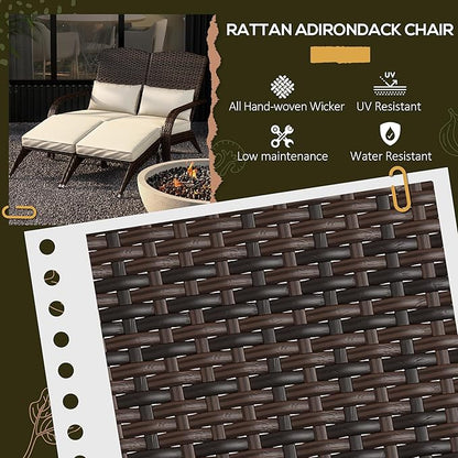 Outsunny Wicker Adirondack Chair for 2 with Cushions & Footrests, PE Rattan Double Chaise Lounge Chair, Fire Pit Chair for Porch with High-Back, Wide Armrests, Cream White