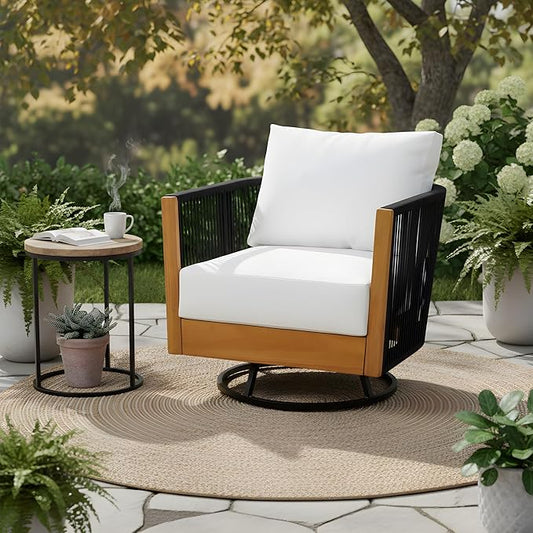 Christopher Knight Home Gunar Outdoor Metal & Acacia Wood Frame Swivel Accent Chair with Cushion, 360° Rotating Lounge Chair Outdoor with Rope Accent, Outdoor Swivel Chair, Black + Light Beige