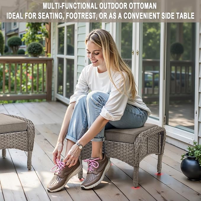 Belord Outdoor Ottomans for Patio Foot Rest - 25 Inch PE Wicker Foot Stool Set of 2 with Removable Cushions for Patio Furniture Sets,All Weather Rattan Ottoman for Balcony Deck Gray/Gray